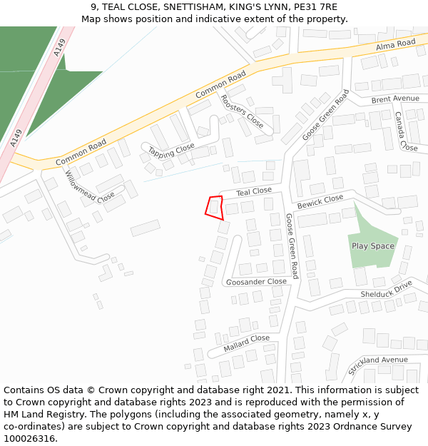 9, TEAL CLOSE, SNETTISHAM, KING'S LYNN, PE31 7RE: Location map and indicative extent of plot