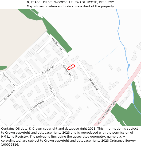 9, TEASEL DRIVE, WOODVILLE, SWADLINCOTE, DE11 7GY: Location map and indicative extent of plot