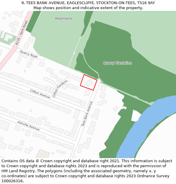 9, TEES BANK AVENUE, EAGLESCLIFFE, STOCKTON-ON-TEES, TS16 9AY: Location map and indicative extent of plot