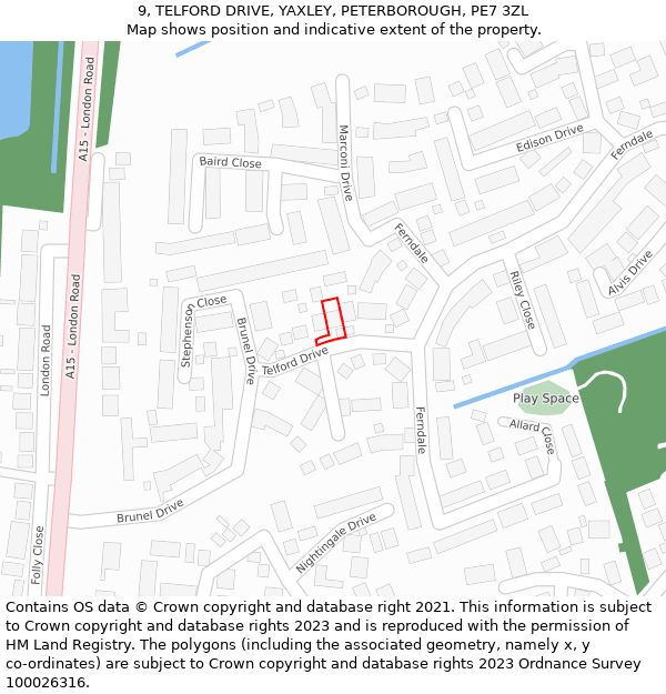 9, TELFORD DRIVE, YAXLEY, PETERBOROUGH, PE7 3ZL: Location map and indicative extent of plot