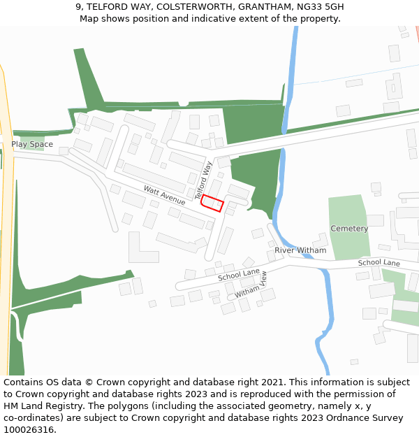9, TELFORD WAY, COLSTERWORTH, GRANTHAM, NG33 5GH: Location map and indicative extent of plot