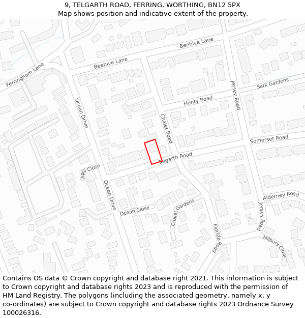 9, TELGARTH ROAD, FERRING, WORTHING, BN12 5PX: Location map and indicative extent of plot
