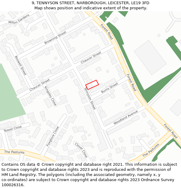 9, TENNYSON STREET, NARBOROUGH, LEICESTER, LE19 3FD: Location map and indicative extent of plot