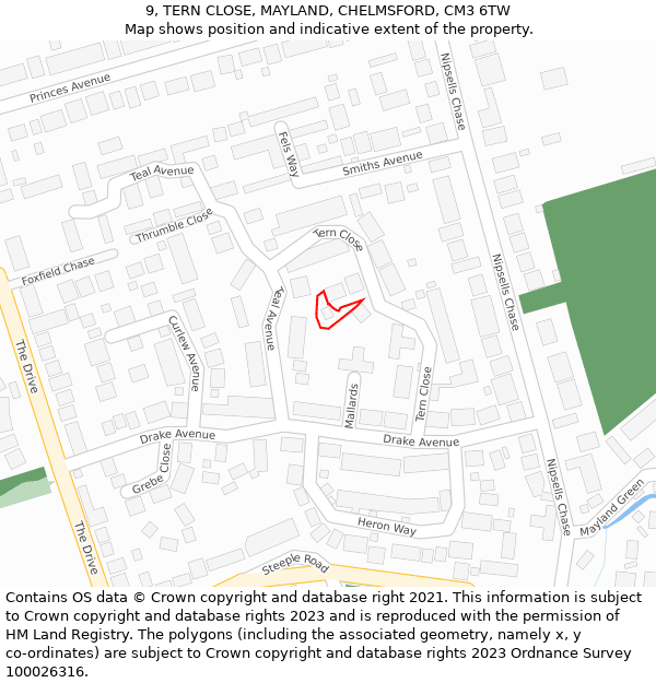 9, TERN CLOSE, MAYLAND, CHELMSFORD, CM3 6TW: Location map and indicative extent of plot