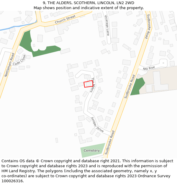 9, THE ALDERS, SCOTHERN, LINCOLN, LN2 2WD: Location map and indicative extent of plot