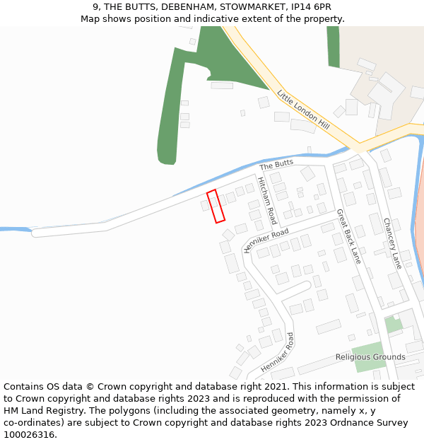 9, THE BUTTS, DEBENHAM, STOWMARKET, IP14 6PR: Location map and indicative extent of plot