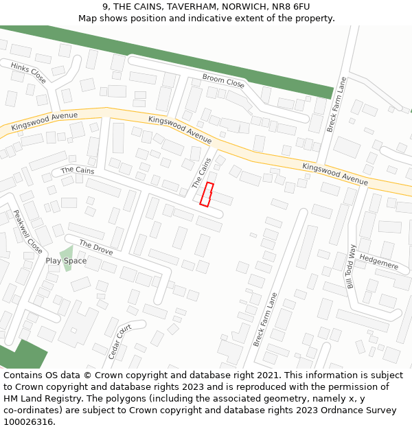 9, THE CAINS, TAVERHAM, NORWICH, NR8 6FU: Location map and indicative extent of plot