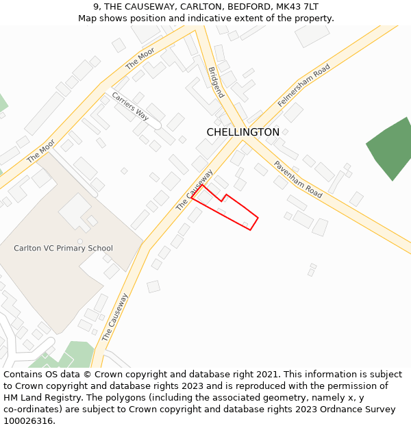 9, THE CAUSEWAY, CARLTON, BEDFORD, MK43 7LT: Location map and indicative extent of plot