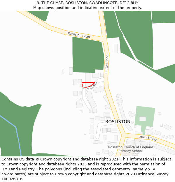 9, THE CHASE, ROSLISTON, SWADLINCOTE, DE12 8HY: Location map and indicative extent of plot