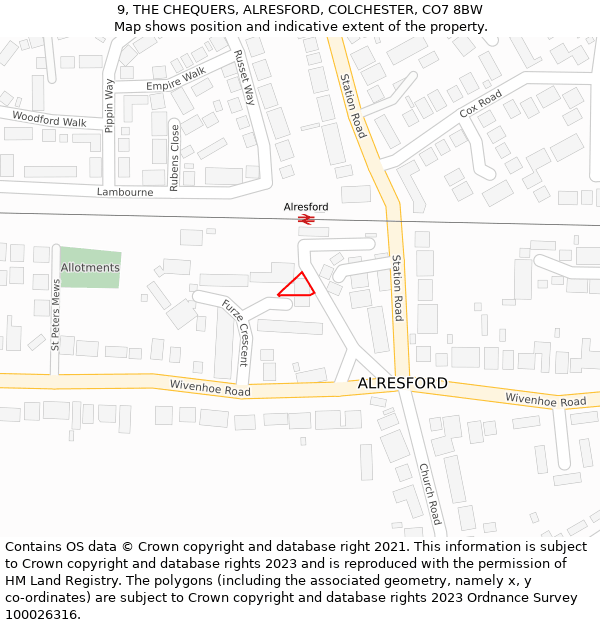 9, THE CHEQUERS, ALRESFORD, COLCHESTER, CO7 8BW: Location map and indicative extent of plot