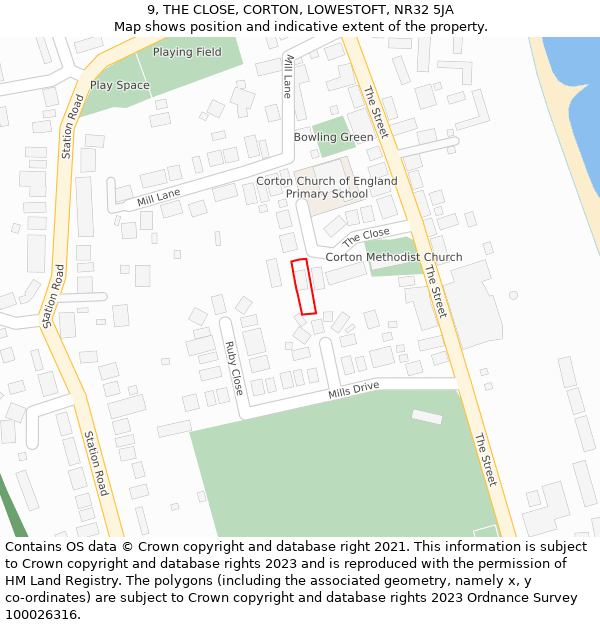 9, THE CLOSE, CORTON, LOWESTOFT, NR32 5JA: Location map and indicative extent of plot