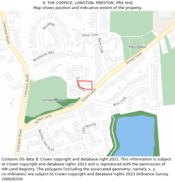 9, THE COPPICE, LONGTON, PRESTON, PR4 5HQ: Location map and indicative extent of plot