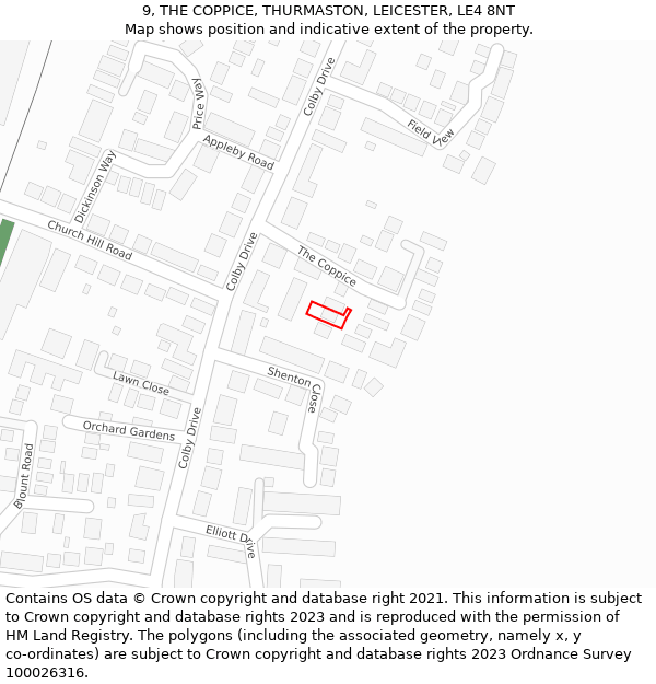 9, THE COPPICE, THURMASTON, LEICESTER, LE4 8NT: Location map and indicative extent of plot