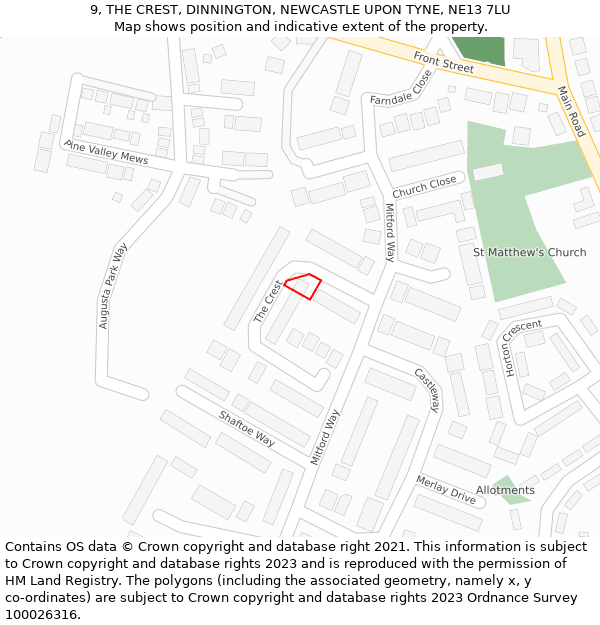 9, THE CREST, DINNINGTON, NEWCASTLE UPON TYNE, NE13 7LU: Location map and indicative extent of plot