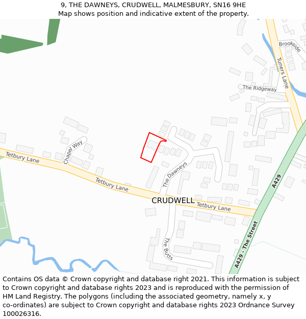 9, THE DAWNEYS, CRUDWELL, MALMESBURY, SN16 9HE: Location map and indicative extent of plot