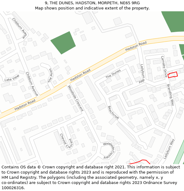 9, THE DUNES, HADSTON, MORPETH, NE65 9RG: Location map and indicative extent of plot