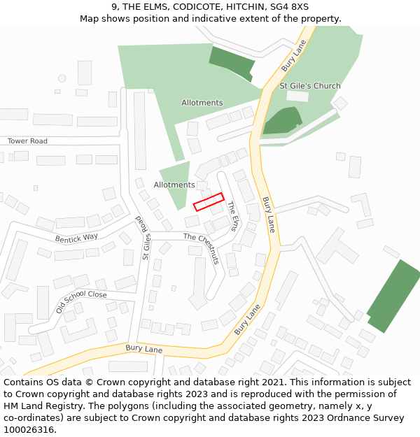 9, THE ELMS, CODICOTE, HITCHIN, SG4 8XS: Location map and indicative extent of plot