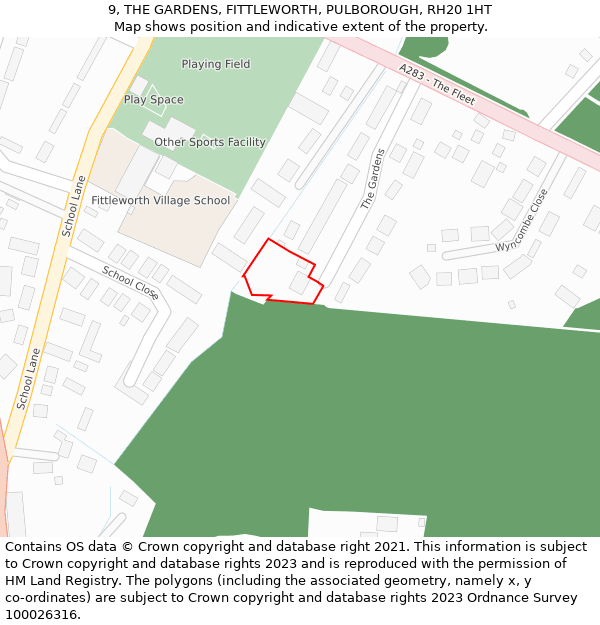 9, THE GARDENS, FITTLEWORTH, PULBOROUGH, RH20 1HT: Location map and indicative extent of plot