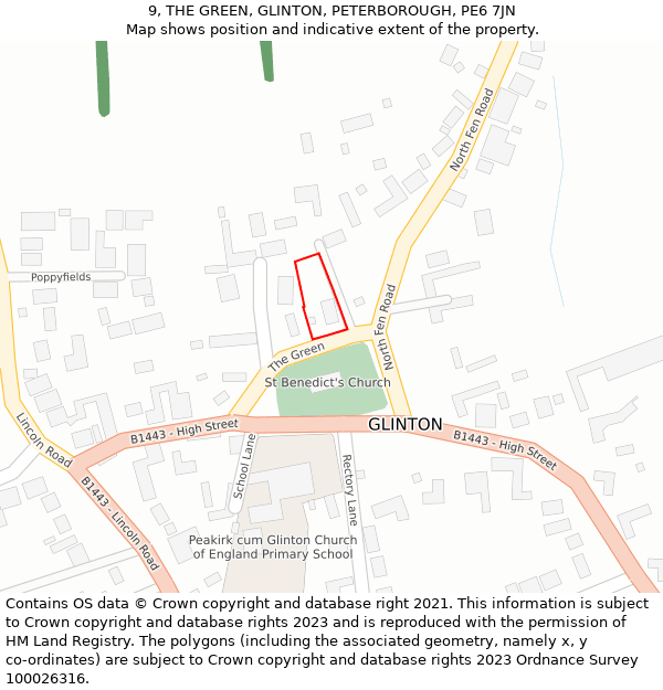 9, THE GREEN, GLINTON, PETERBOROUGH, PE6 7JN: Location map and indicative extent of plot