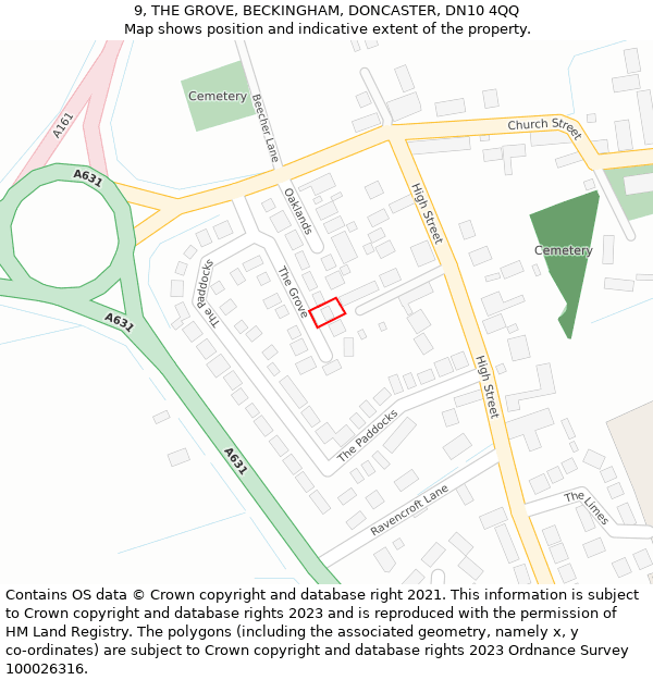 9, THE GROVE, BECKINGHAM, DONCASTER, DN10 4QQ: Location map and indicative extent of plot