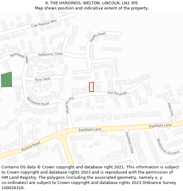 9, THE HARDINGS, WELTON, LINCOLN, LN2 3FE: Location map and indicative extent of plot