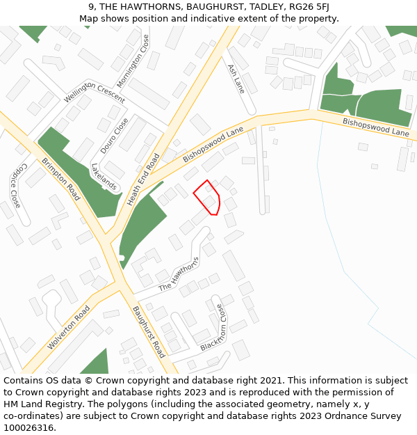 9, THE HAWTHORNS, BAUGHURST, TADLEY, RG26 5FJ: Location map and indicative extent of plot