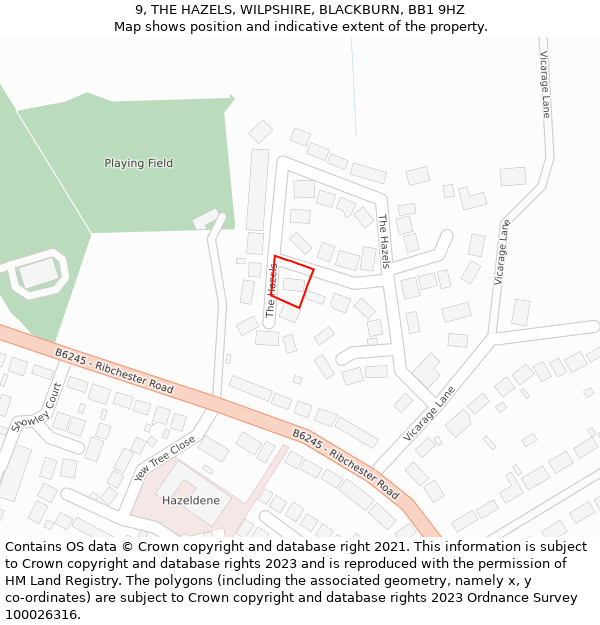 9, THE HAZELS, WILPSHIRE, BLACKBURN, BB1 9HZ: Location map and indicative extent of plot