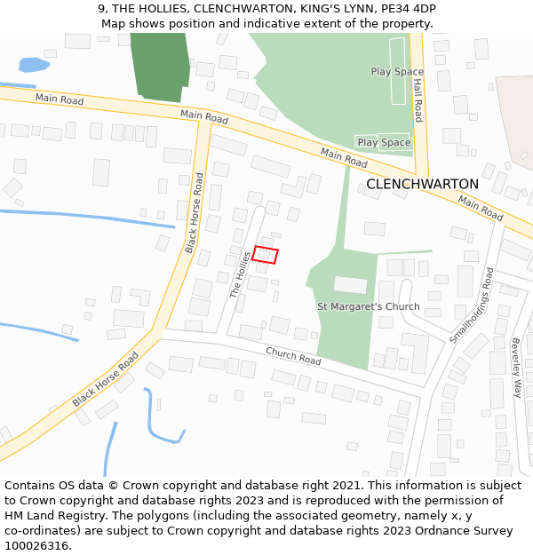 9, THE HOLLIES, CLENCHWARTON, KING'S LYNN, PE34 4DP: Location map and indicative extent of plot