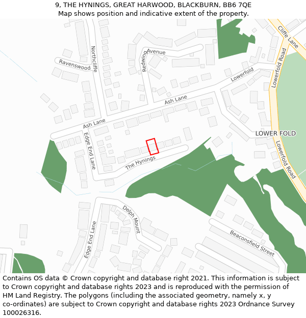 9, THE HYNINGS, GREAT HARWOOD, BLACKBURN, BB6 7QE: Location map and indicative extent of plot