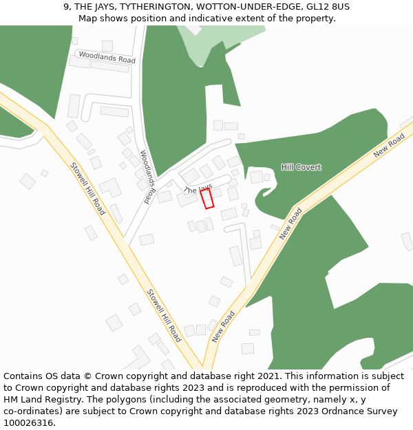 9, THE JAYS, TYTHERINGTON, WOTTON-UNDER-EDGE, GL12 8US: Location map and indicative extent of plot