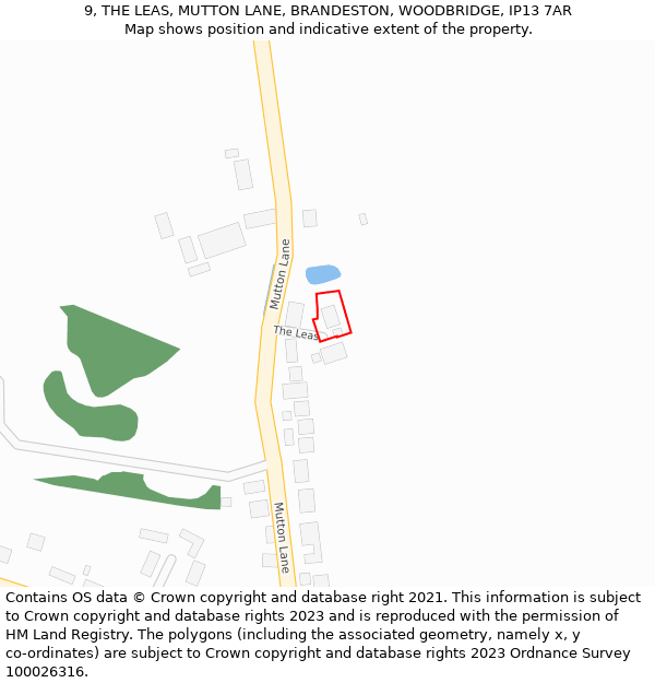 9, THE LEAS, MUTTON LANE, BRANDESTON, WOODBRIDGE, IP13 7AR: Location map and indicative extent of plot