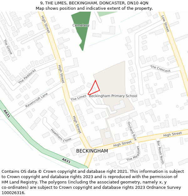 9, THE LIMES, BECKINGHAM, DONCASTER, DN10 4QN: Location map and indicative extent of plot
