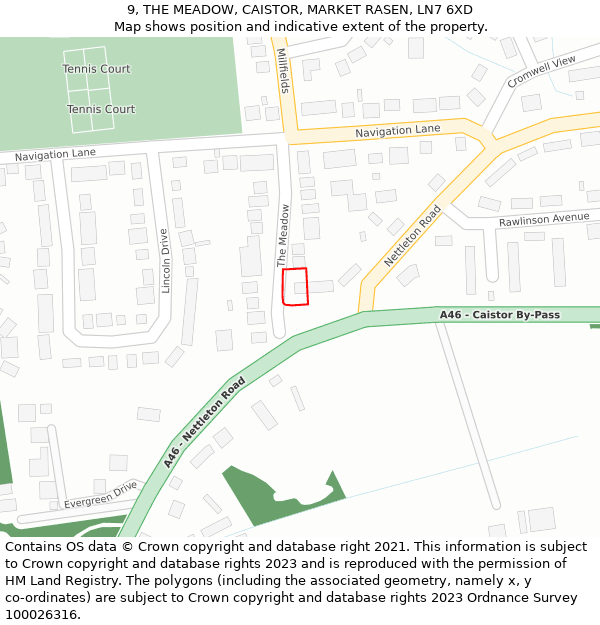 9, THE MEADOW, CAISTOR, MARKET RASEN, LN7 6XD: Location map and indicative extent of plot