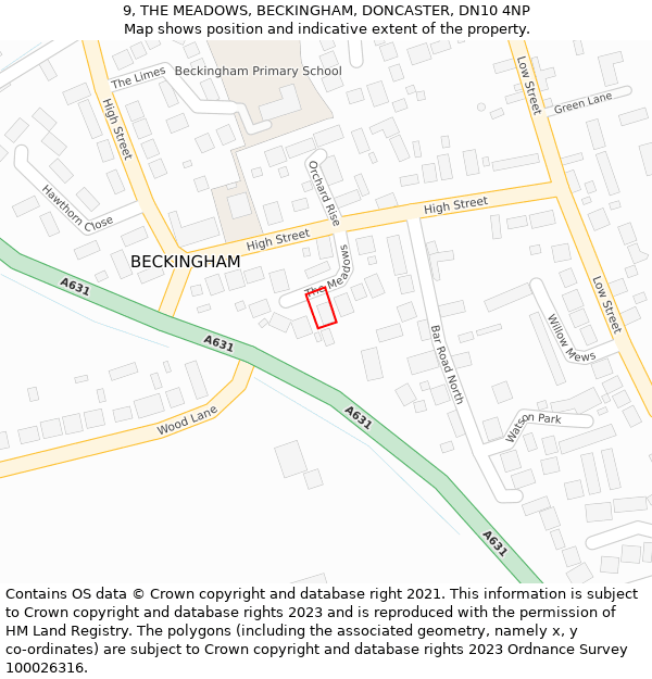 9, THE MEADOWS, BECKINGHAM, DONCASTER, DN10 4NP: Location map and indicative extent of plot