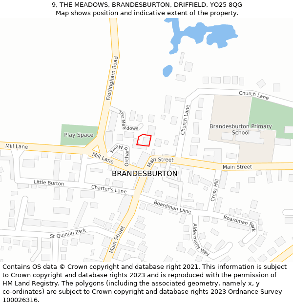 9, THE MEADOWS, BRANDESBURTON, DRIFFIELD, YO25 8QG: Location map and indicative extent of plot