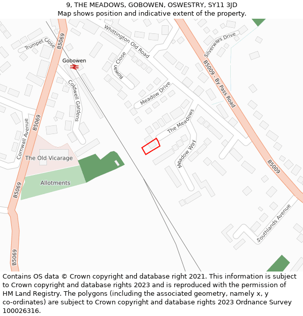 9, THE MEADOWS, GOBOWEN, OSWESTRY, SY11 3JD: Location map and indicative extent of plot