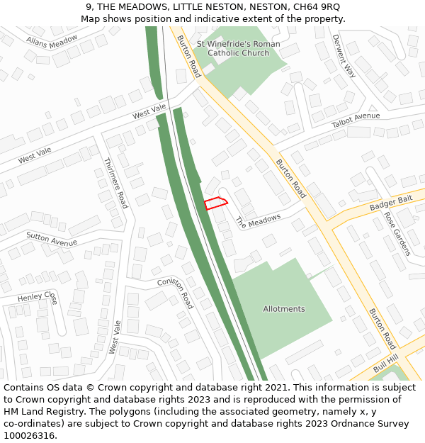 9, THE MEADOWS, LITTLE NESTON, NESTON, CH64 9RQ: Location map and indicative extent of plot