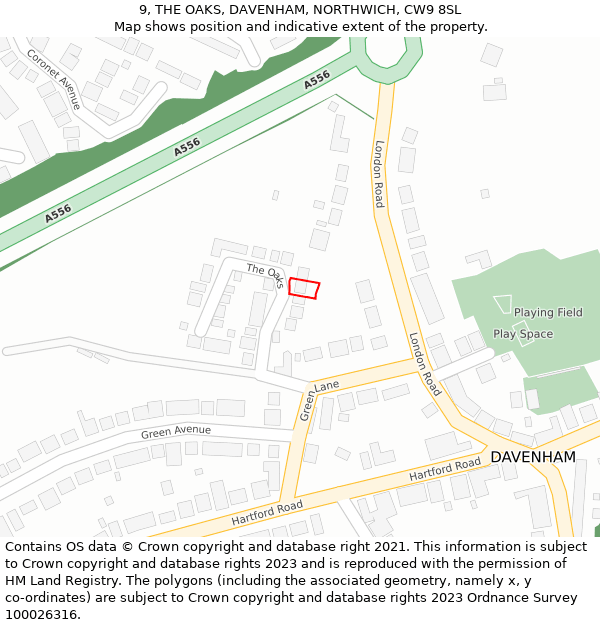 9, THE OAKS, DAVENHAM, NORTHWICH, CW9 8SL: Location map and indicative extent of plot