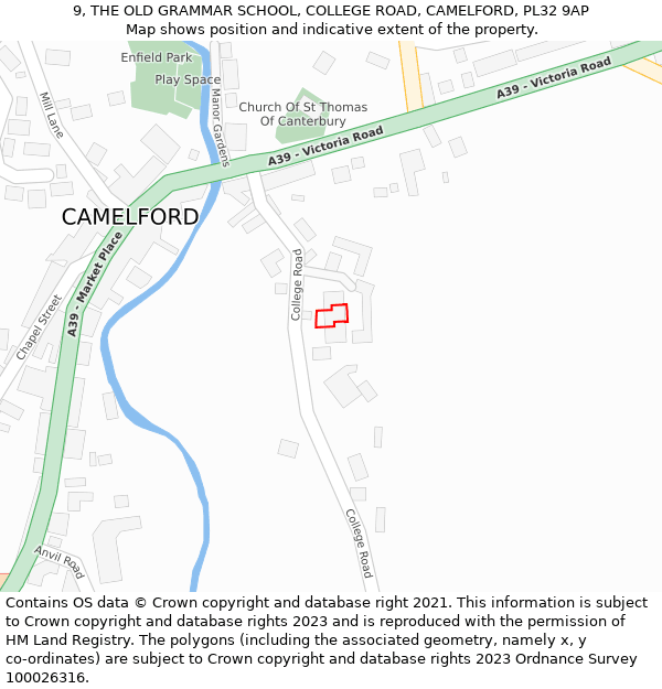 9, THE OLD GRAMMAR SCHOOL, COLLEGE ROAD, CAMELFORD, PL32 9AP: Location map and indicative extent of plot