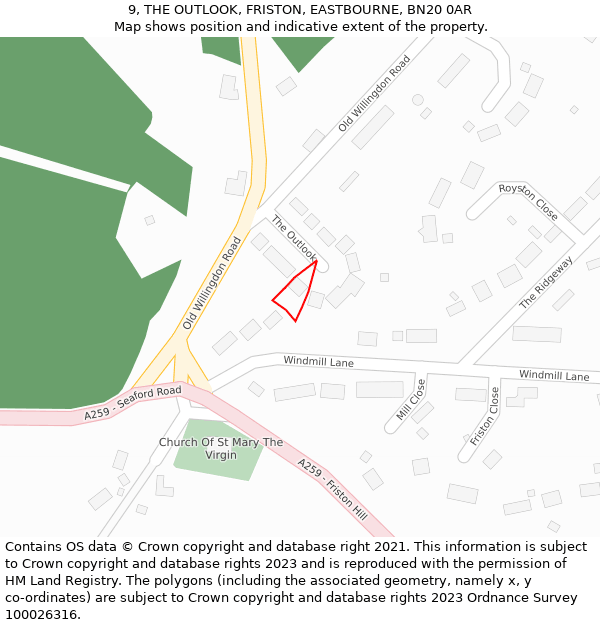 9, THE OUTLOOK, FRISTON, EASTBOURNE, BN20 0AR: Location map and indicative extent of plot