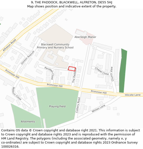 9, THE PADDOCK, BLACKWELL, ALFRETON, DE55 5HJ: Location map and indicative extent of plot