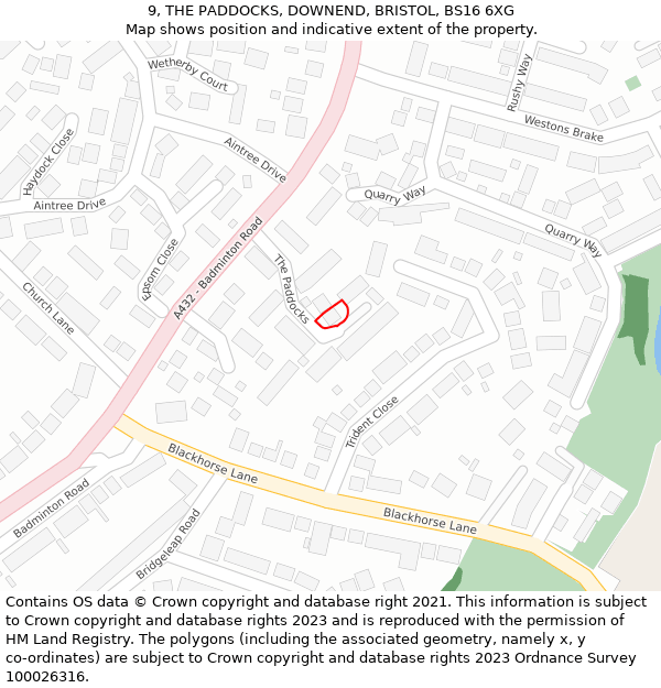 9, THE PADDOCKS, DOWNEND, BRISTOL, BS16 6XG: Location map and indicative extent of plot
