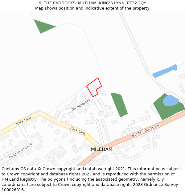 9, THE PADDOCKS, MILEHAM, KING'S LYNN, PE32 2QY: Location map and indicative extent of plot