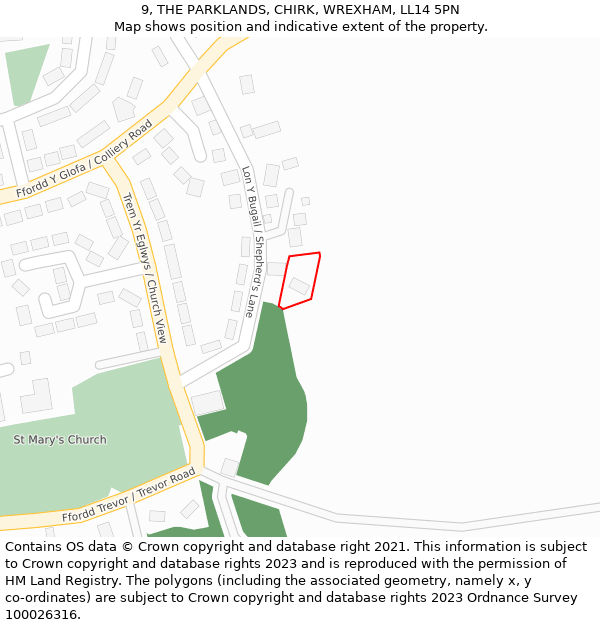9, THE PARKLANDS, CHIRK, WREXHAM, LL14 5PN: Location map and indicative extent of plot