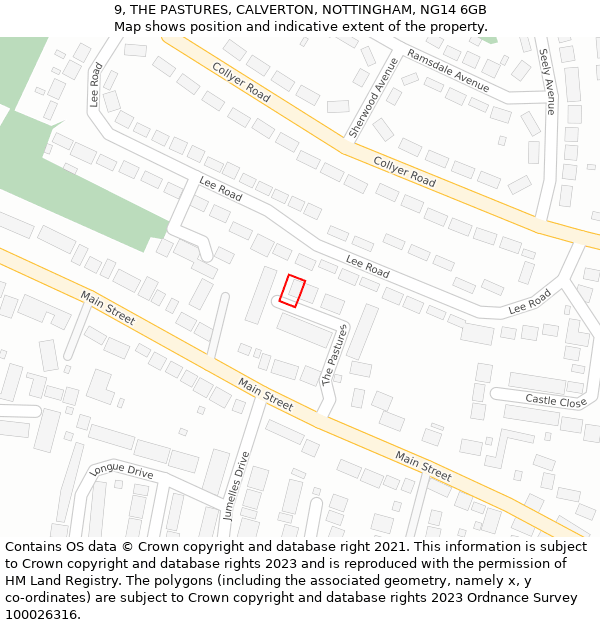 9, THE PASTURES, CALVERTON, NOTTINGHAM, NG14 6GB: Location map and indicative extent of plot