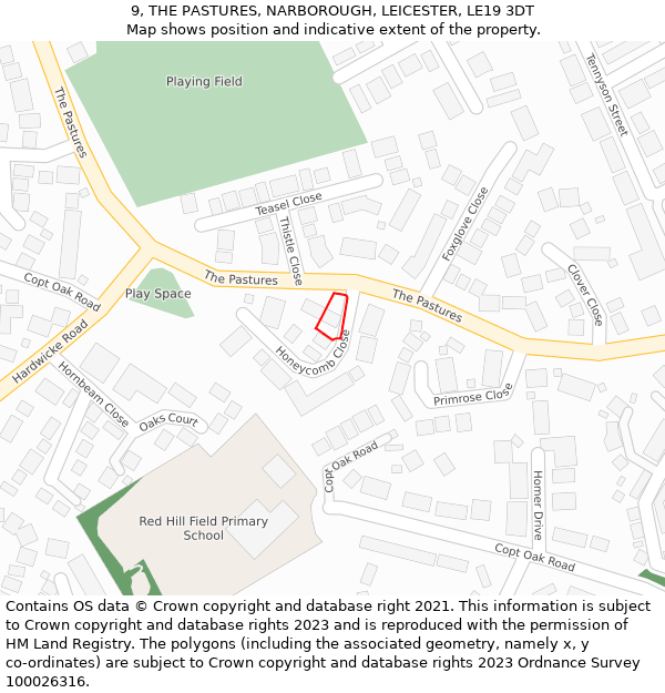 9, THE PASTURES, NARBOROUGH, LEICESTER, LE19 3DT: Location map and indicative extent of plot