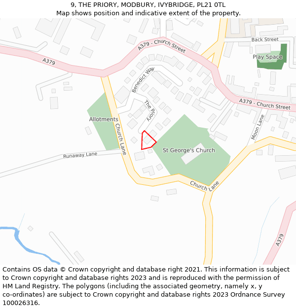 9, THE PRIORY, MODBURY, IVYBRIDGE, PL21 0TL: Location map and indicative extent of plot