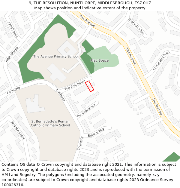 9, THE RESOLUTION, NUNTHORPE, MIDDLESBROUGH, TS7 0HZ: Location map and indicative extent of plot