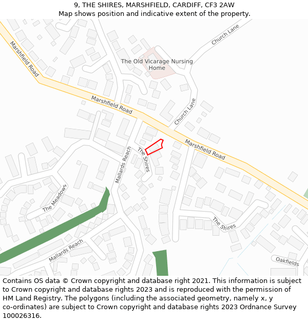 9, THE SHIRES, MARSHFIELD, CARDIFF, CF3 2AW: Location map and indicative extent of plot