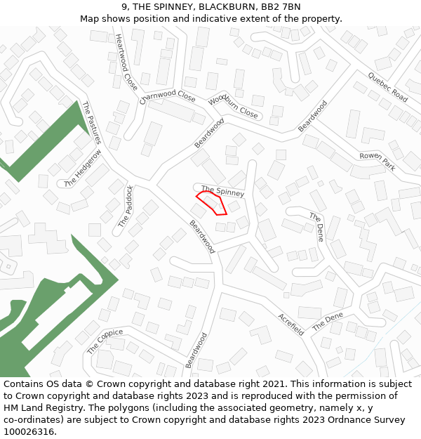 9, THE SPINNEY, BLACKBURN, BB2 7BN: Location map and indicative extent of plot